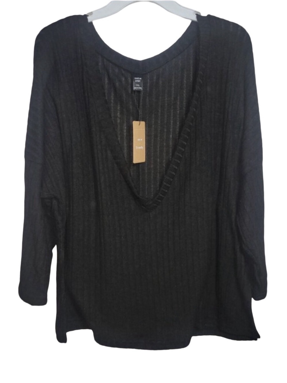 Shein Curve 1XL Black V Neck Ribbed Textured Sweater